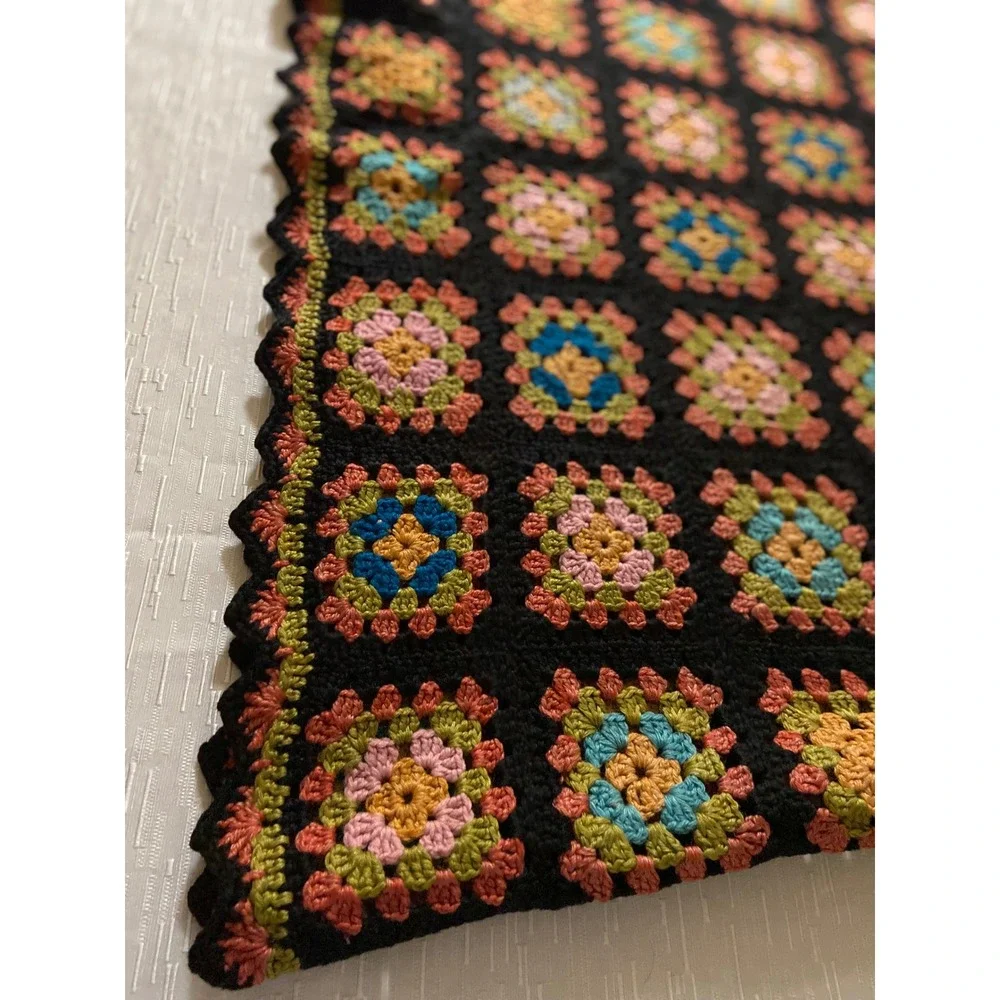 Vintage Handmade Crochet Granny Blanket Black Multi Color Retro Throw 28x36
